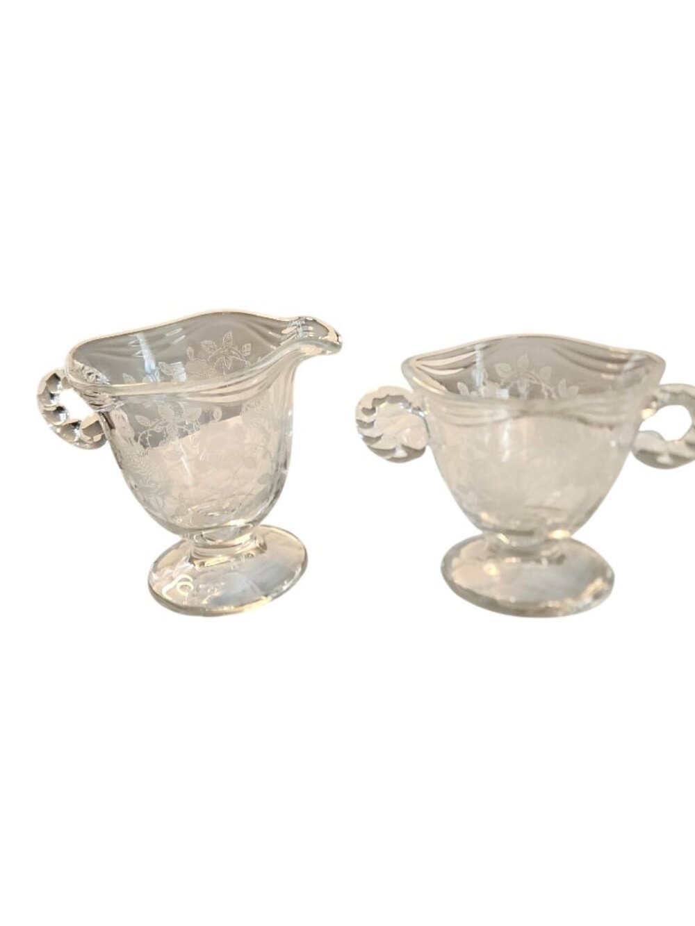 Vintage Fostoria Glass Company footed creamer & Sugar Willowmere collection etch